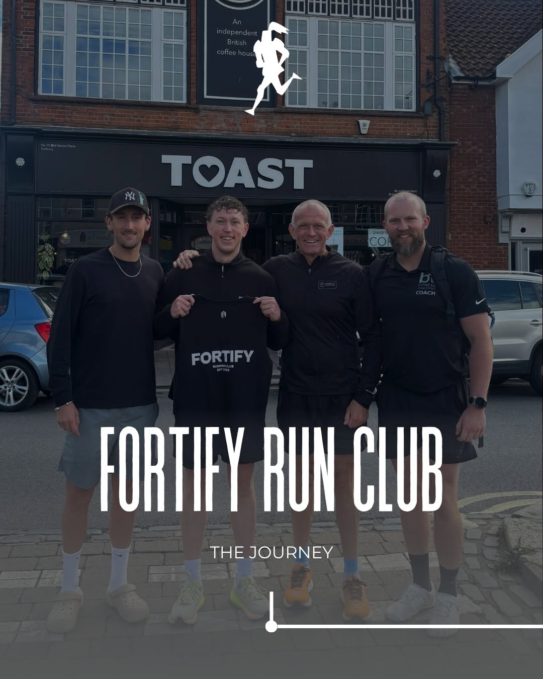 Fortify runners outside Toast holding a club vest